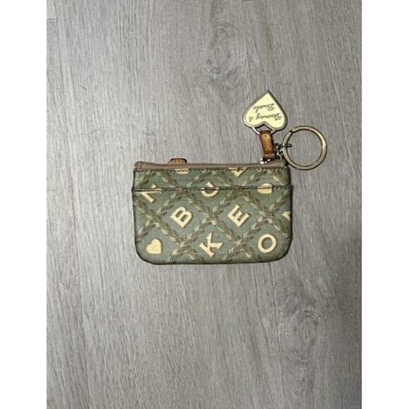 Dooney And Bourke Coin Purse Wallet Green & Tan W/ Keychain & Charm Vintage - Picture 1 of 6